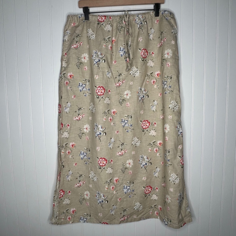 White Stag Floral Linen Blend Maxi Skirt XL Flax Multi Drawstring Waist Pockets